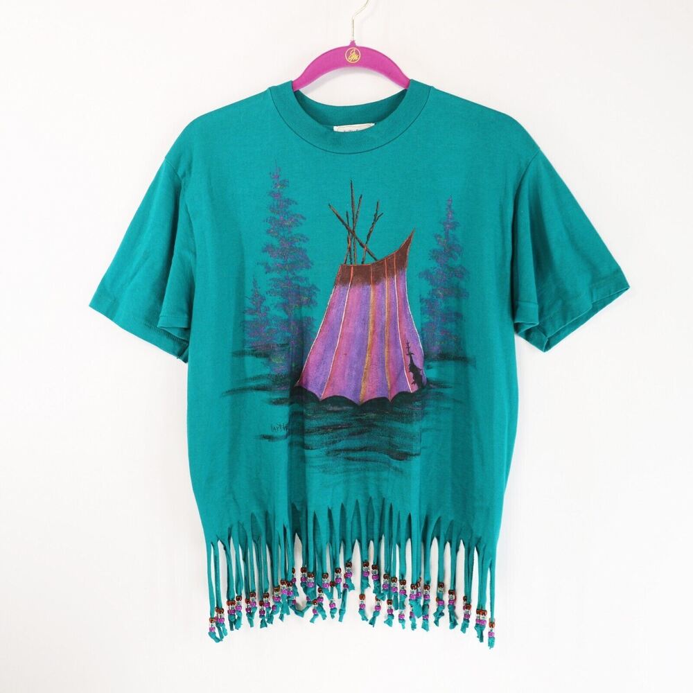 Art West Originals Top Women L Teal Bead Fringe Signed Velma Bartlemay Pullover